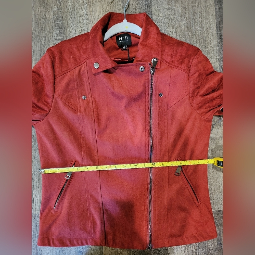 Women's Red Faux Suede Jacket with Quilted Sleeves - Picture 8 of 12